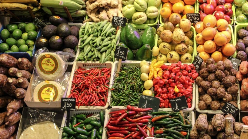 Fruits and vegetables for sale at local grocer.
